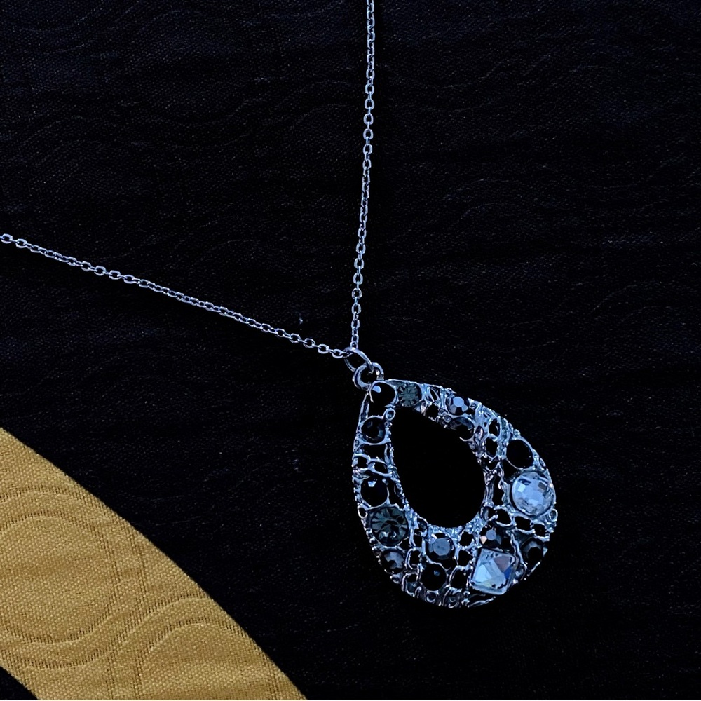 Silver-Tone Teardrop Crystal + Black Faceted Beads Pendant Necklace